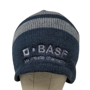 Port Authority Men's Knit Beanie Hat Cap Blue Gray Striped Acrylic Embroidered